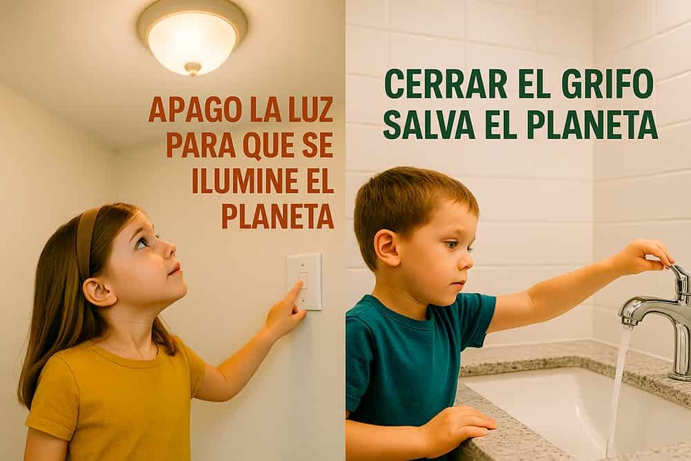 niña apagando luz niño cerrando grifo
