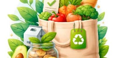 Compra de alimentacion sostenible en bolsa reutilizable con productos frescos y simbolo de reciclaje