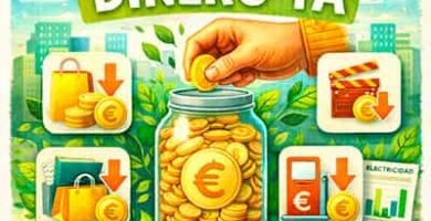 Ilustración “Quiero ahorrar dinero ya”: bote de monedas y consejos para reducir gastos diarios como compras y electricidad
