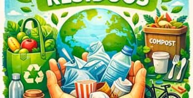 Ilustración con el mensaje “Quiero reducir residuos”: manos sosteniendo envases para reciclar, compost y hábitos de consumo responsable