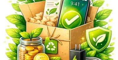 Compra responsable de tecnologia: movil y accesorios con simbolos eco y reciclaje